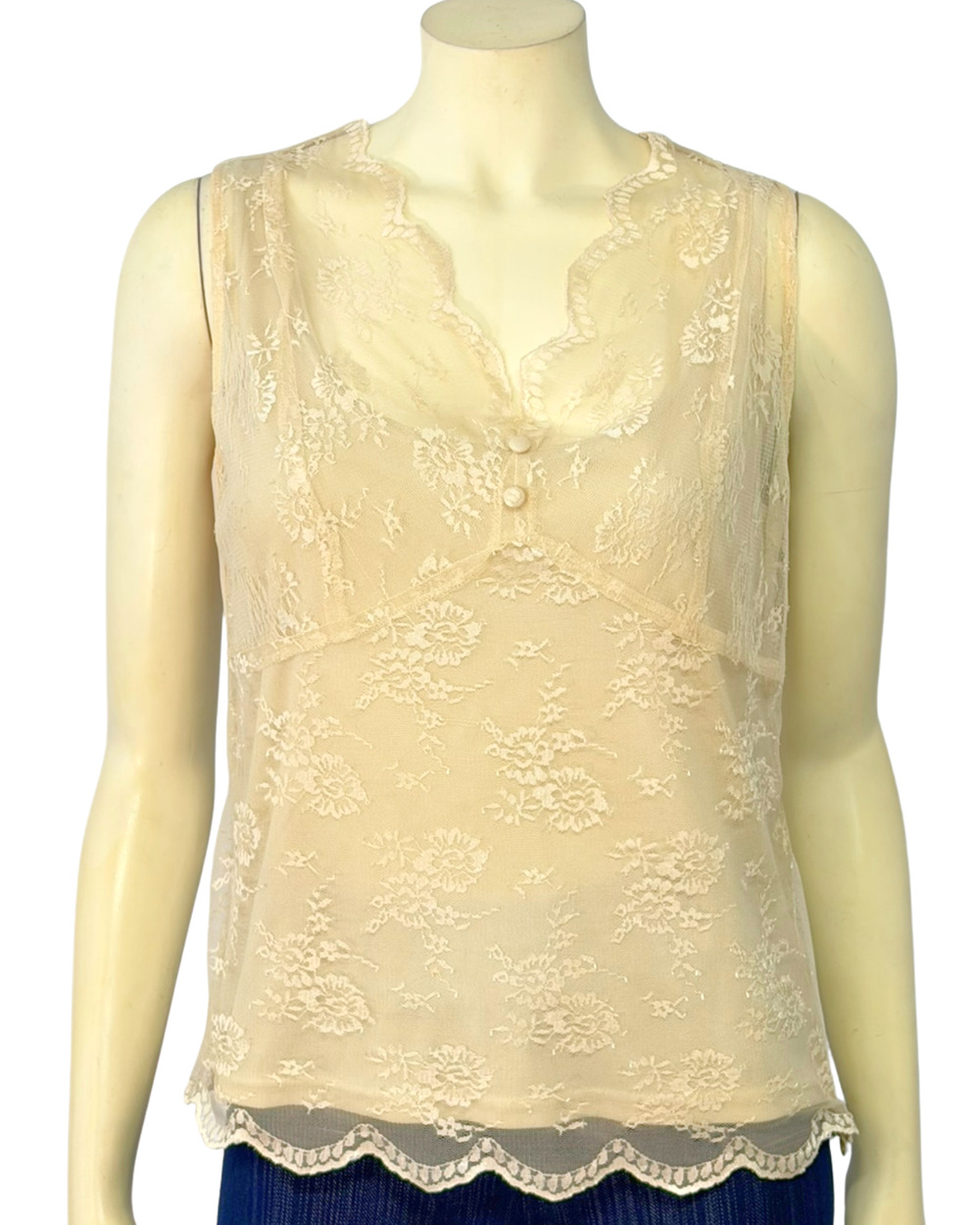 Perceptions NY Sz 8 Sleeveless Blouse Romantic Lace Overlay Beige Fairycore Boho